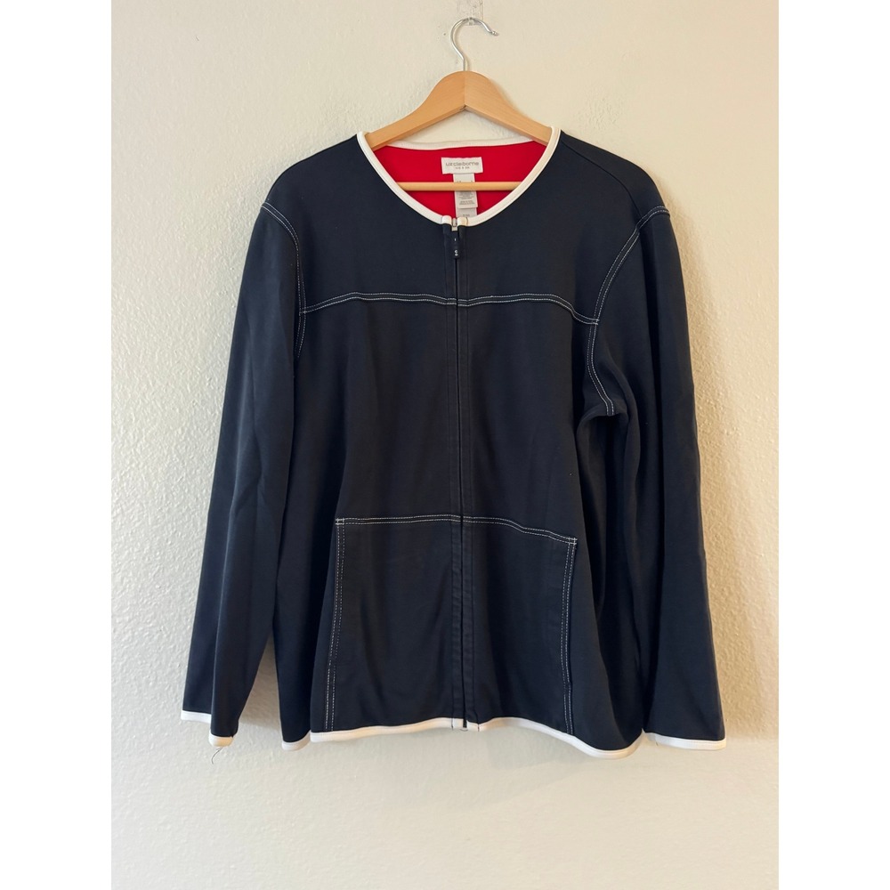 Liz Claiborne Liz & Co Zip Sweatshirt Contrast Stitch Pockets L Navy Blue Good